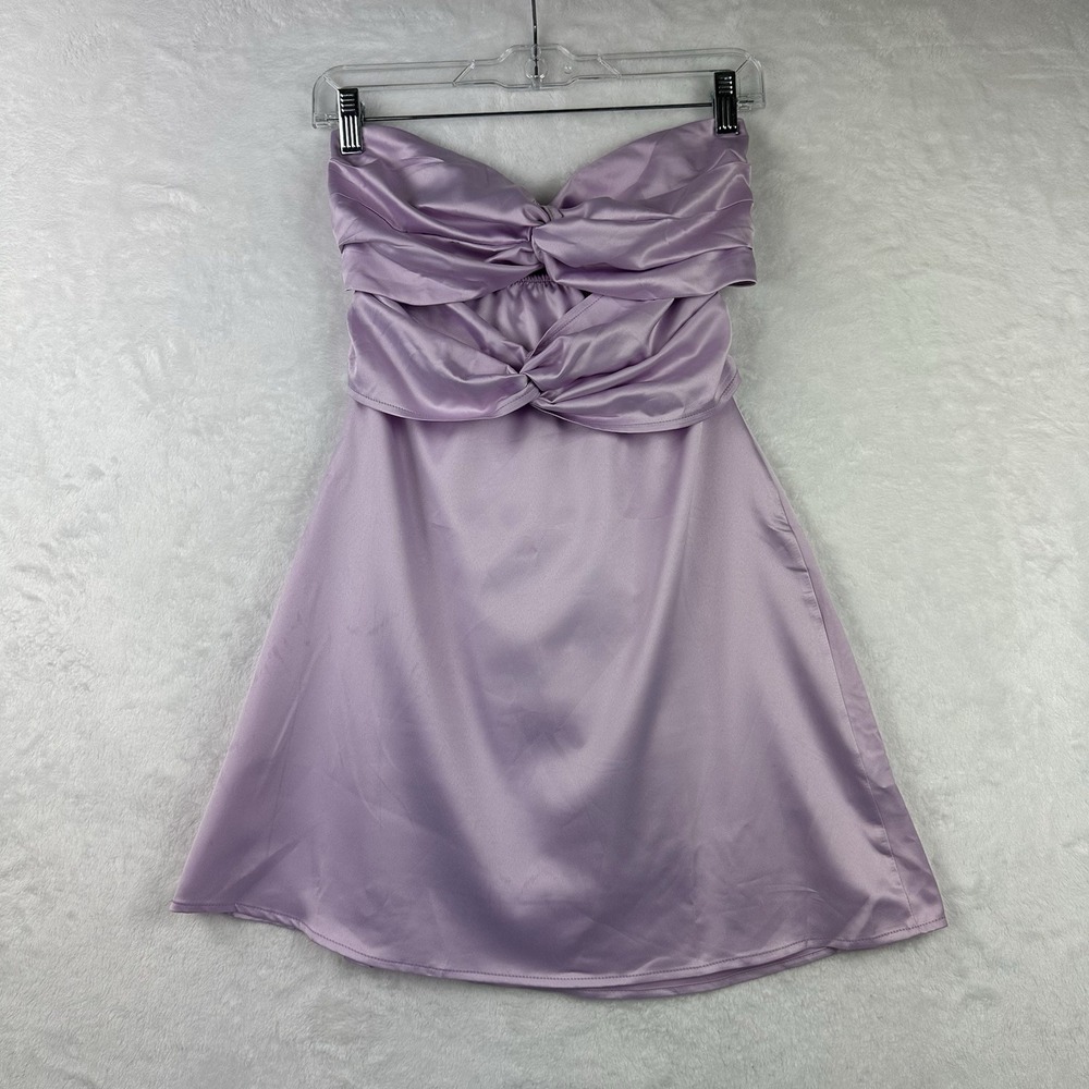 Unbranded Purple Satin Feel Strapless Dress‎ Small Double Front Bow Back Straps